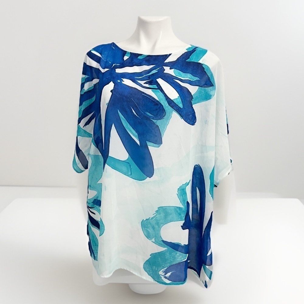 Chico's Blouse Top Blue Lightweight Short Sleeve LARGE